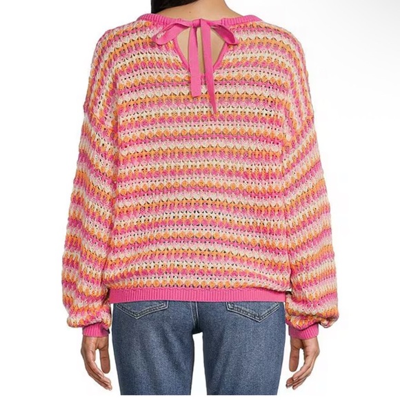 BLU PEPPER: pink white orange crochet stripe sweater w tie back! New! M - Picture 1 of 7